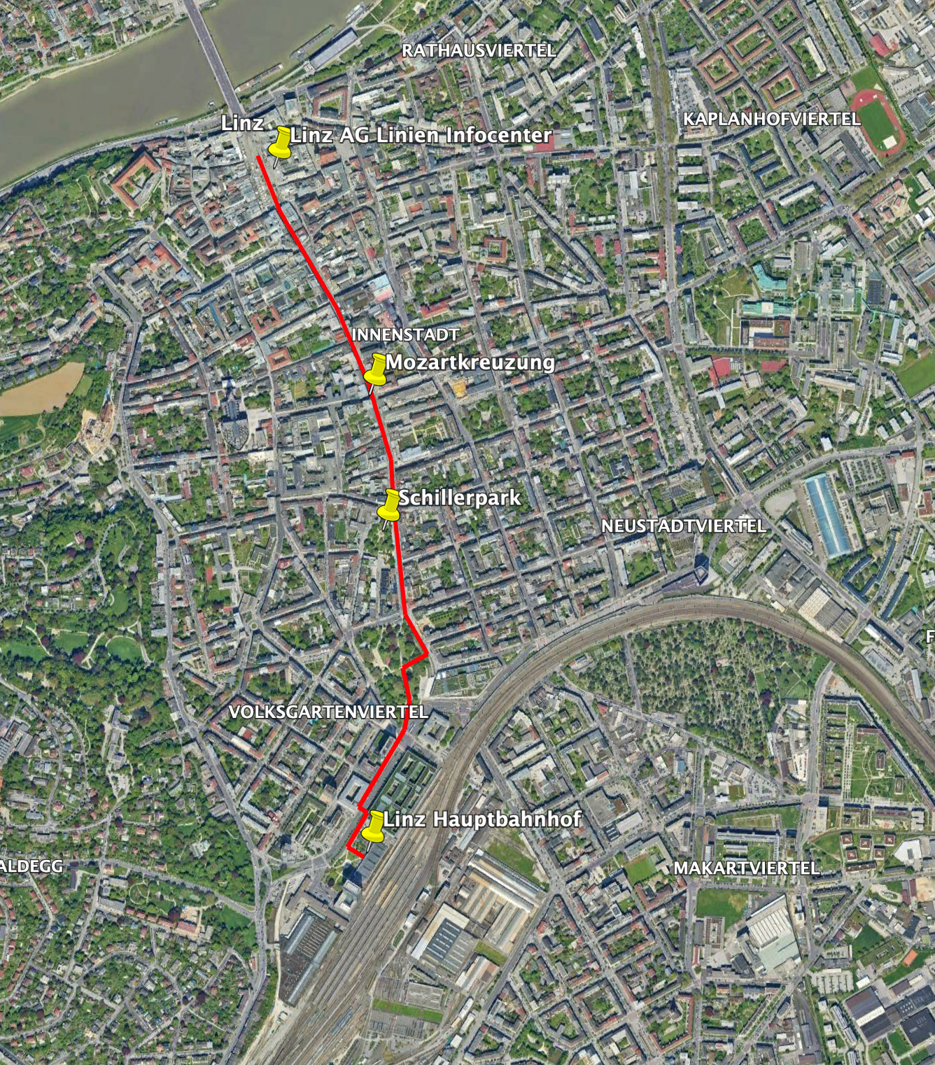 Route vom Bahnhof zum Hauptplatz