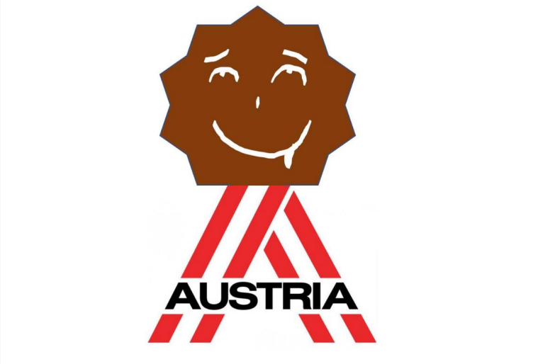 Lächelnde Schokowaffel über einem großen roten A mit der Aufschrift „Austria“.